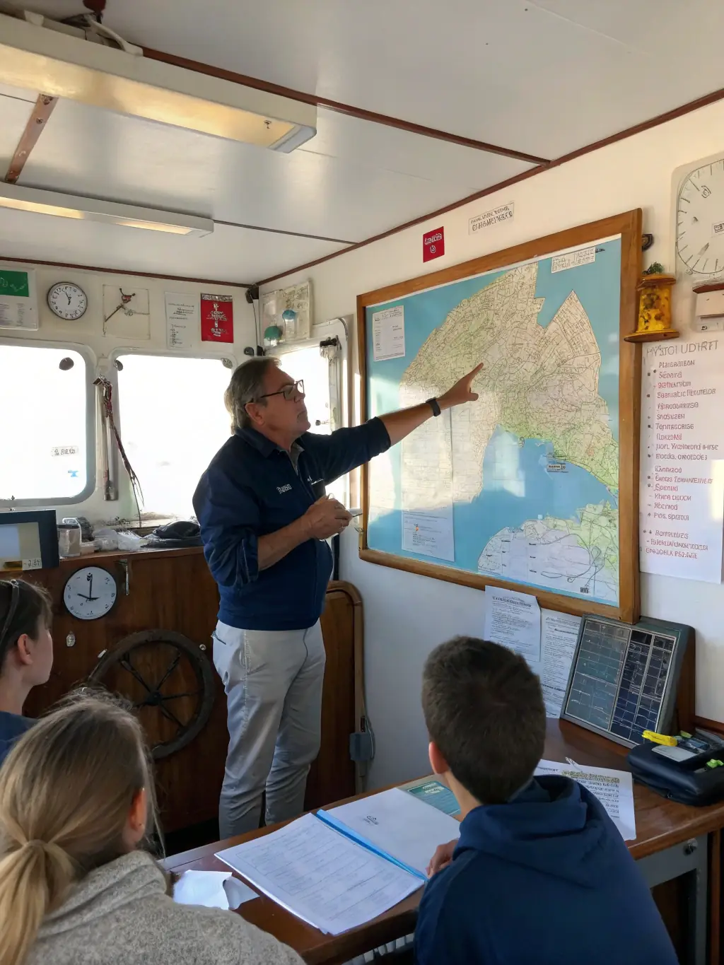 A classroom setting with instructors teaching water safety and navigation skills, emphasizing the club's educational programs.