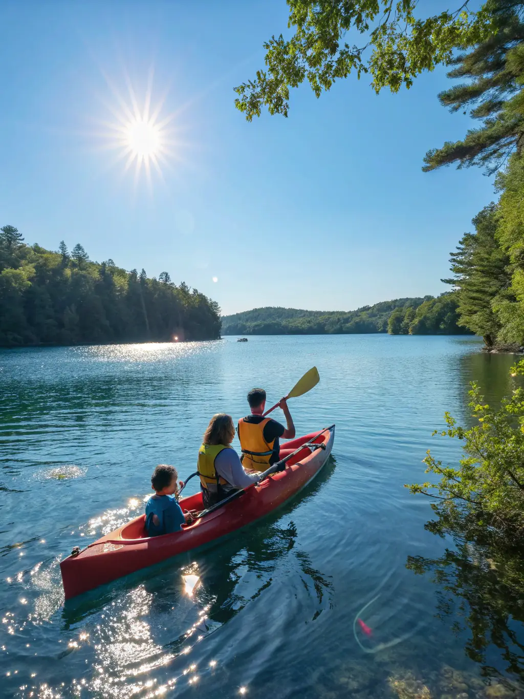 Participants kayaking on a calm lake, surrounded by greenery, representing the club's kayaking activities.