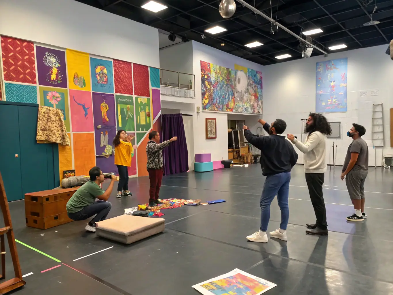 A group of diverse individuals participating in an improvisation exercise during a theater workshop, showcasing teamwork and creativity.