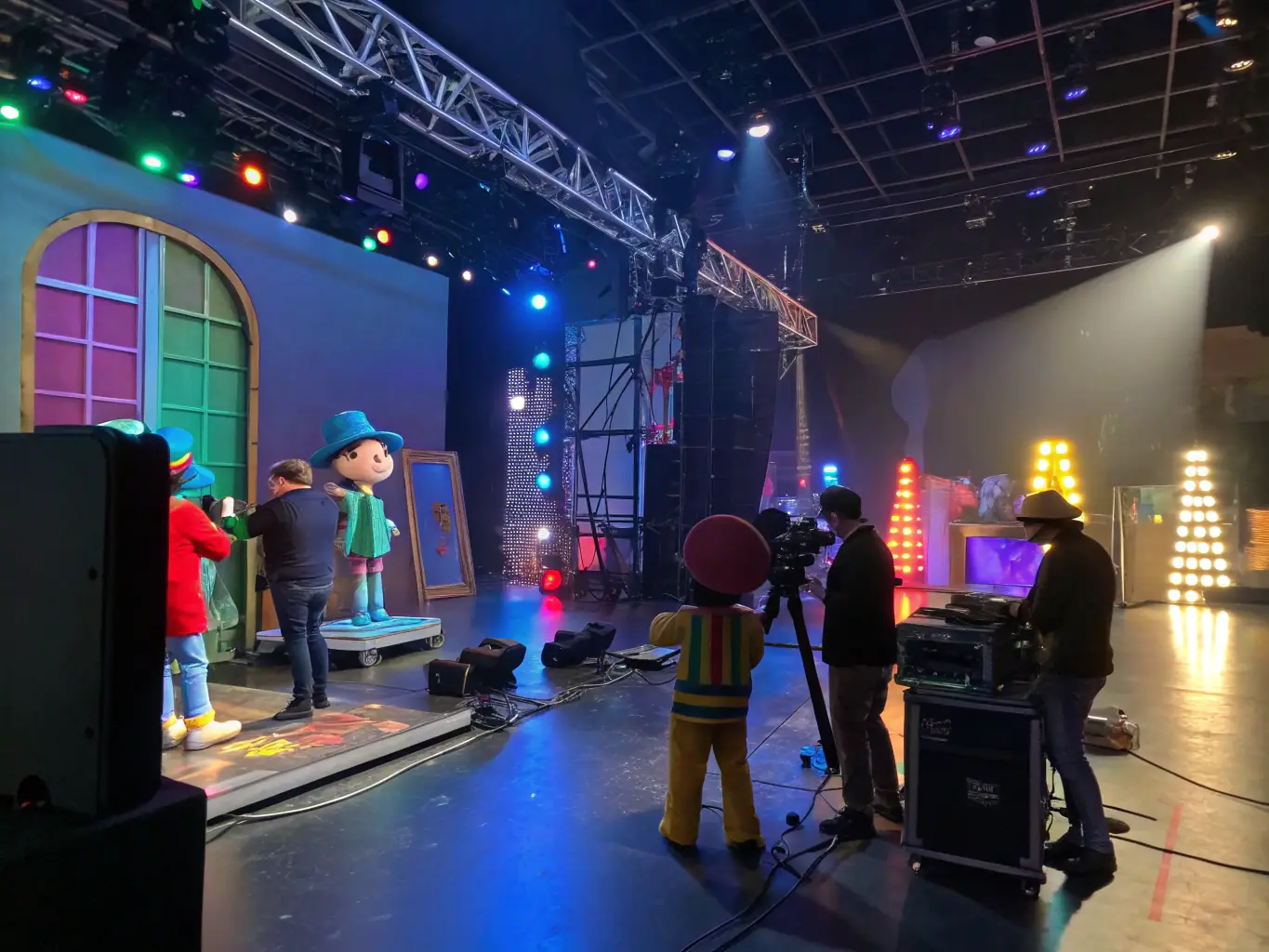 A behind-the-scenes shot of a theater production, showing the collaborative effort of actors, directors, and stage crew.