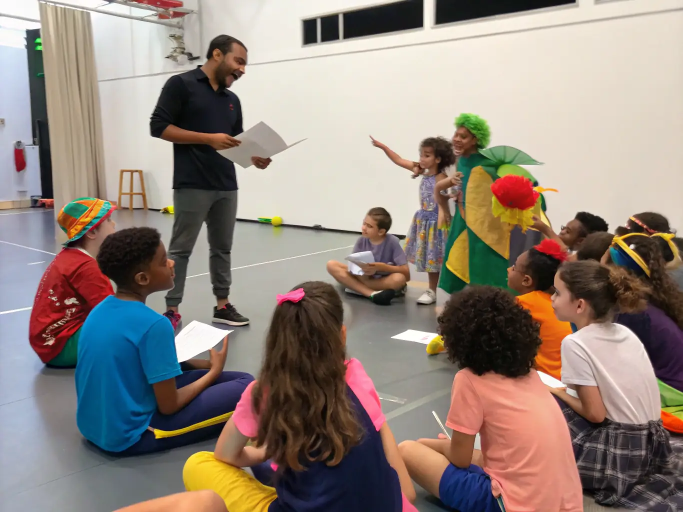 A vibrant image of children participating in a theater workshop, showcasing their creativity and enthusiasm while working on a scene together.