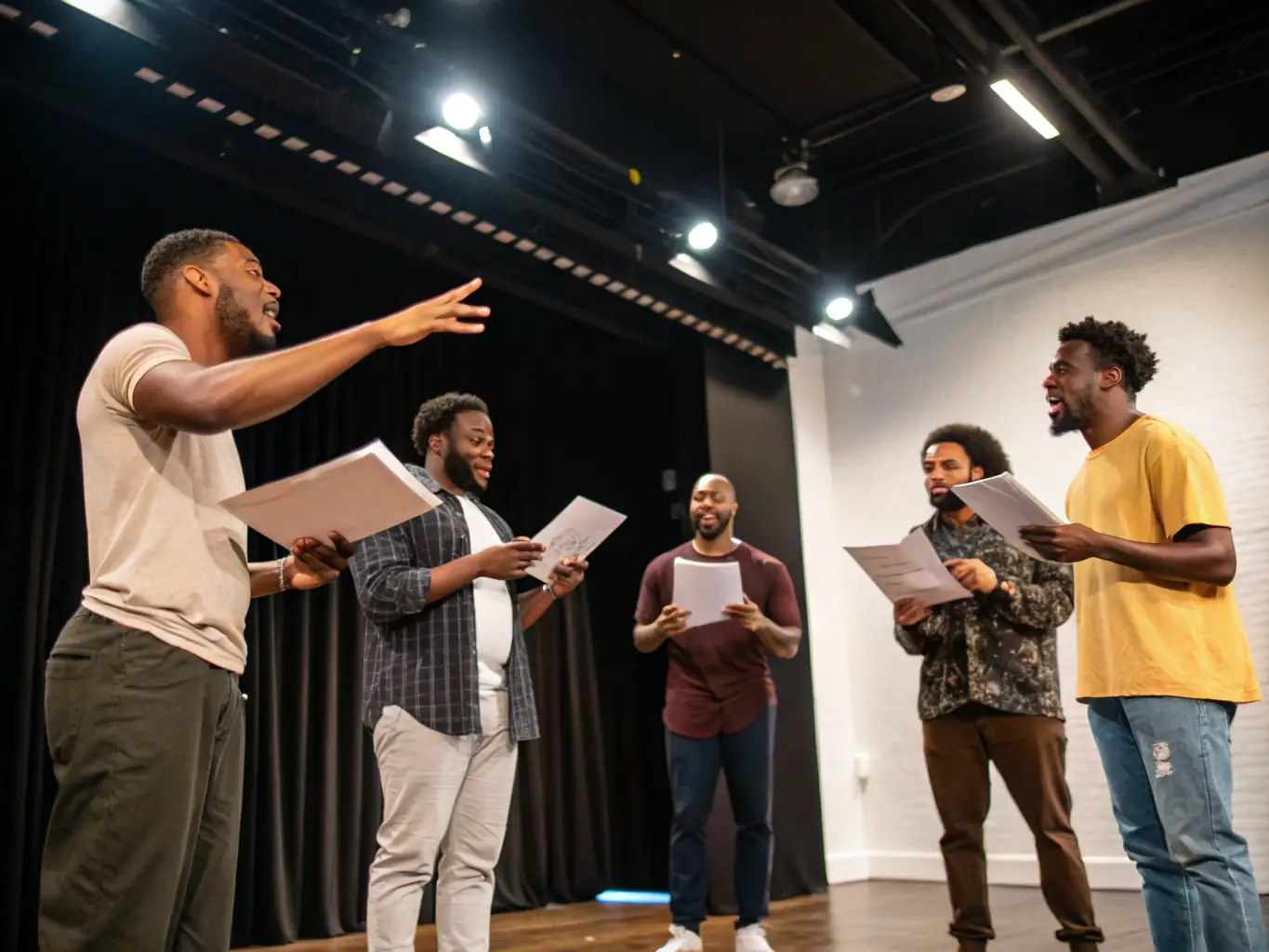 A dynamic image of adults rehearsing for a play, demonstrating their dedication and passion for theater arts.