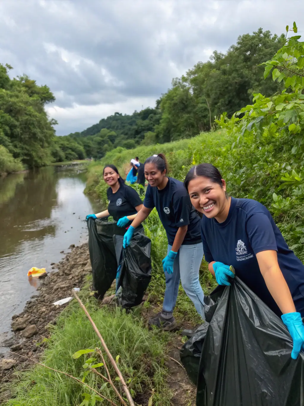 A picture of a river cleanup event, showing volunteers removing trash and debris from a local waterway.