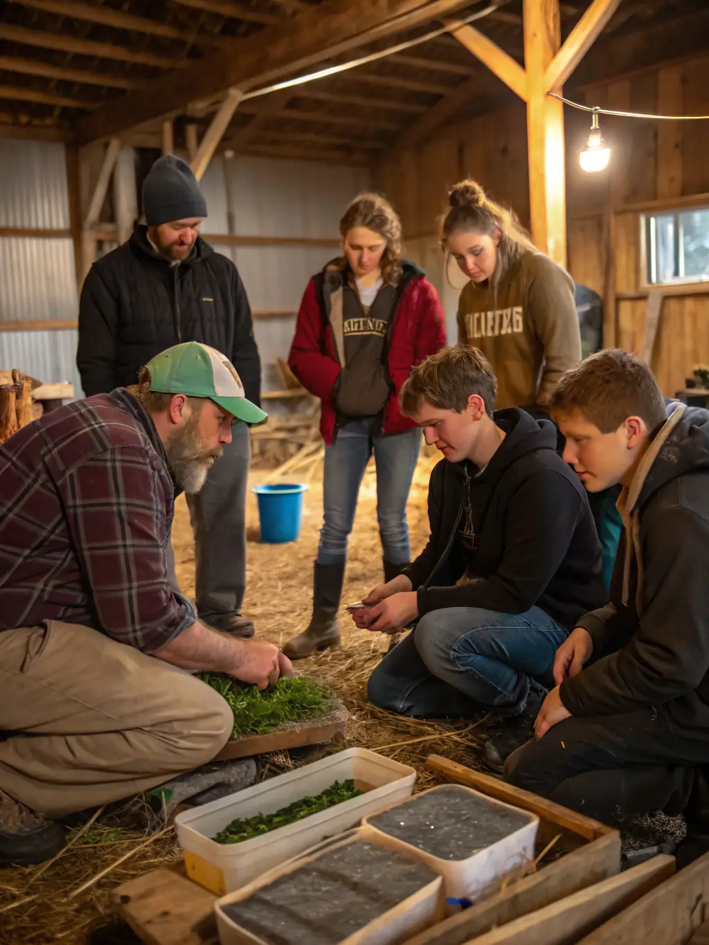 An image depicting a workshop where local farmers are learning about sustainable agricultural techniques from Landes Nature experts.