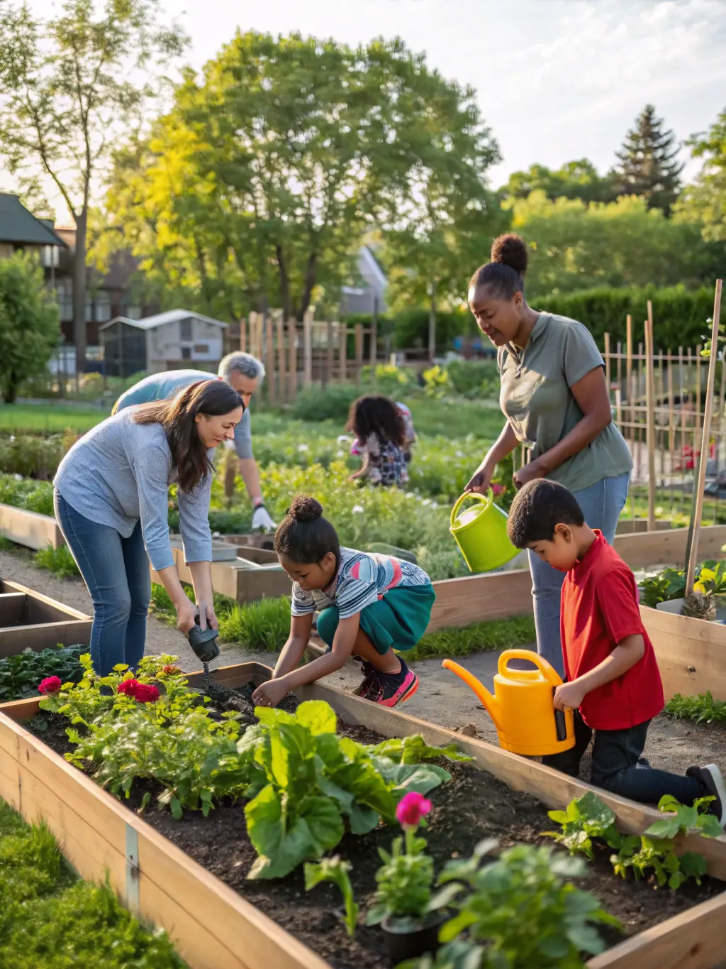 A picturesque view of a community garden thriving with diverse plants and vegetables, showcasing Landes Nature's support for local food systems.