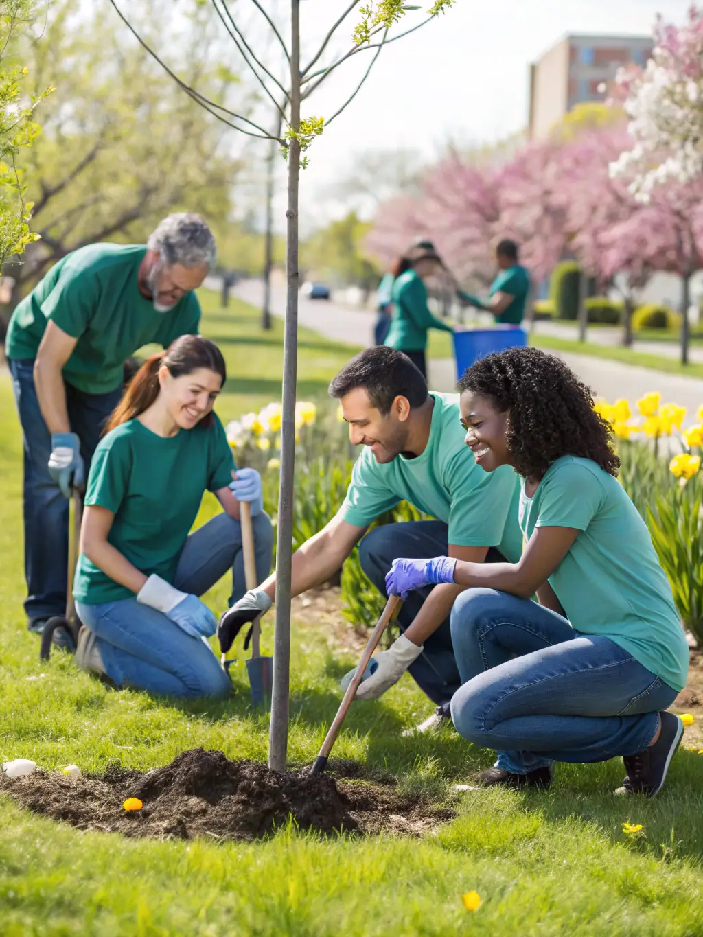 A vibrant photograph capturing volunteers planting native trees along a riverbank, illustrating Landes Nature's reforestation efforts.