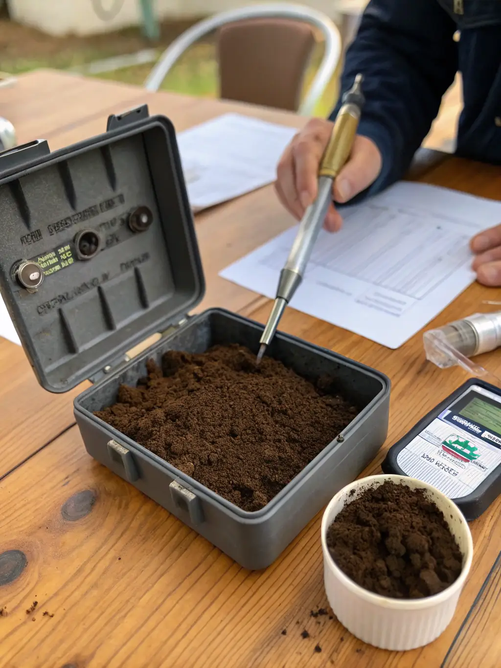A close-up shot of a soil sample being analyzed in a lab, representing Landes Nature's commitment to soil health and sustainable agriculture.