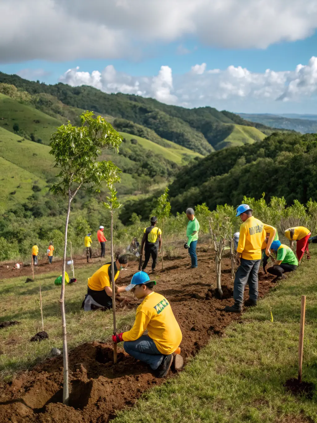 A photograph showcasing a group of volunteers planting trees in a deforested area, emphasizing Landes Nature's reforestation efforts.